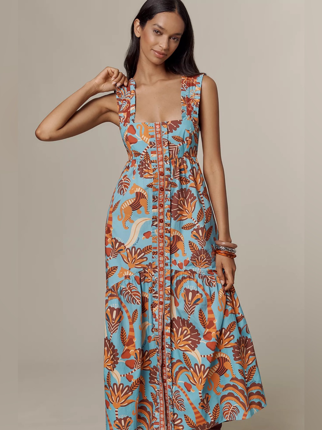Farm Rio Nature Beauty Square Neck Midi Dress